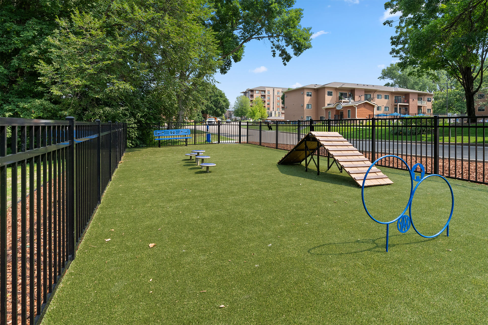 Spacious dog park with grass turf, training obstacles, and secure fencing