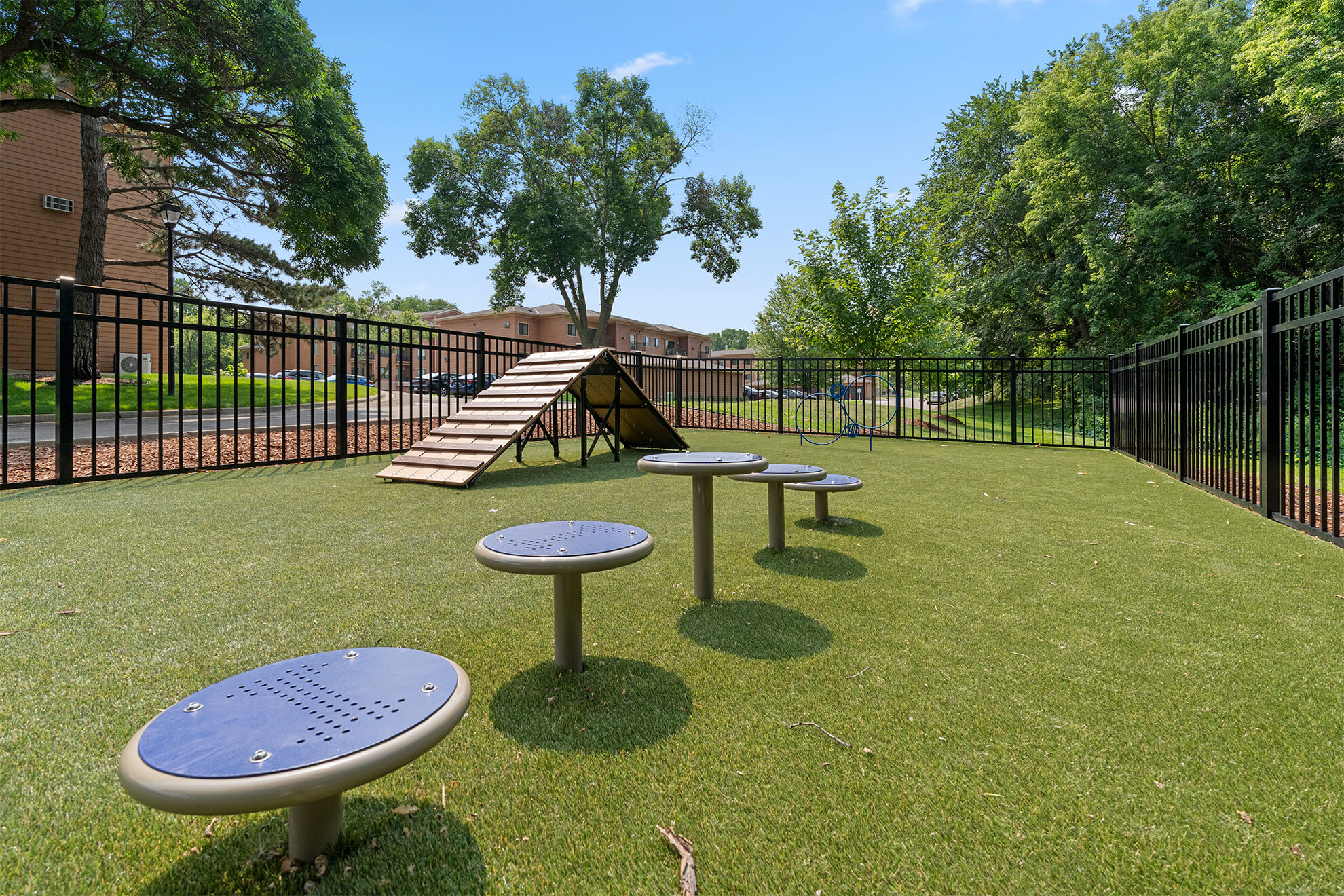 Fenced dog park with agility equipment including platforms and a ramp