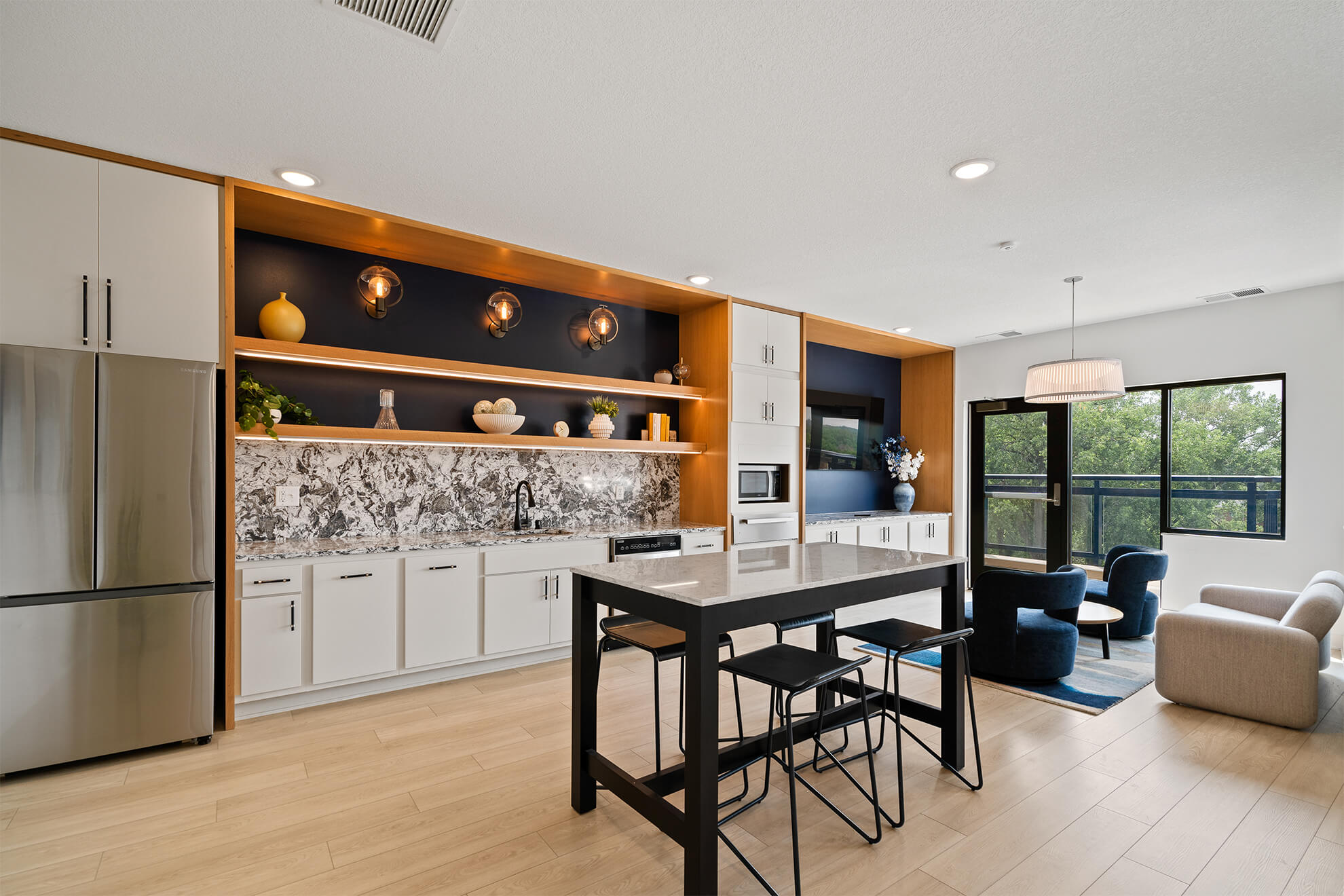 Apartment unit entry door with number and lighting