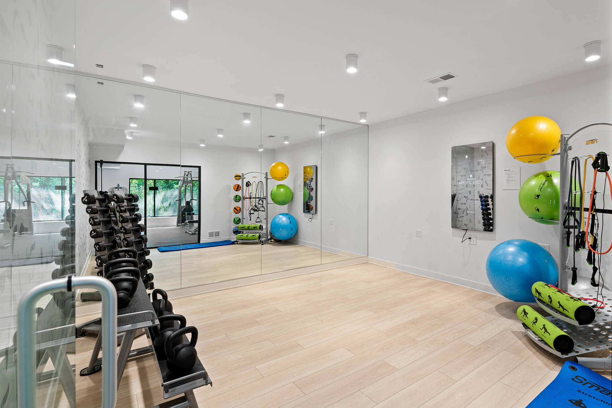 Fitness studio with mirrored walls, free weights, kettlebells, and colorful exercise balls