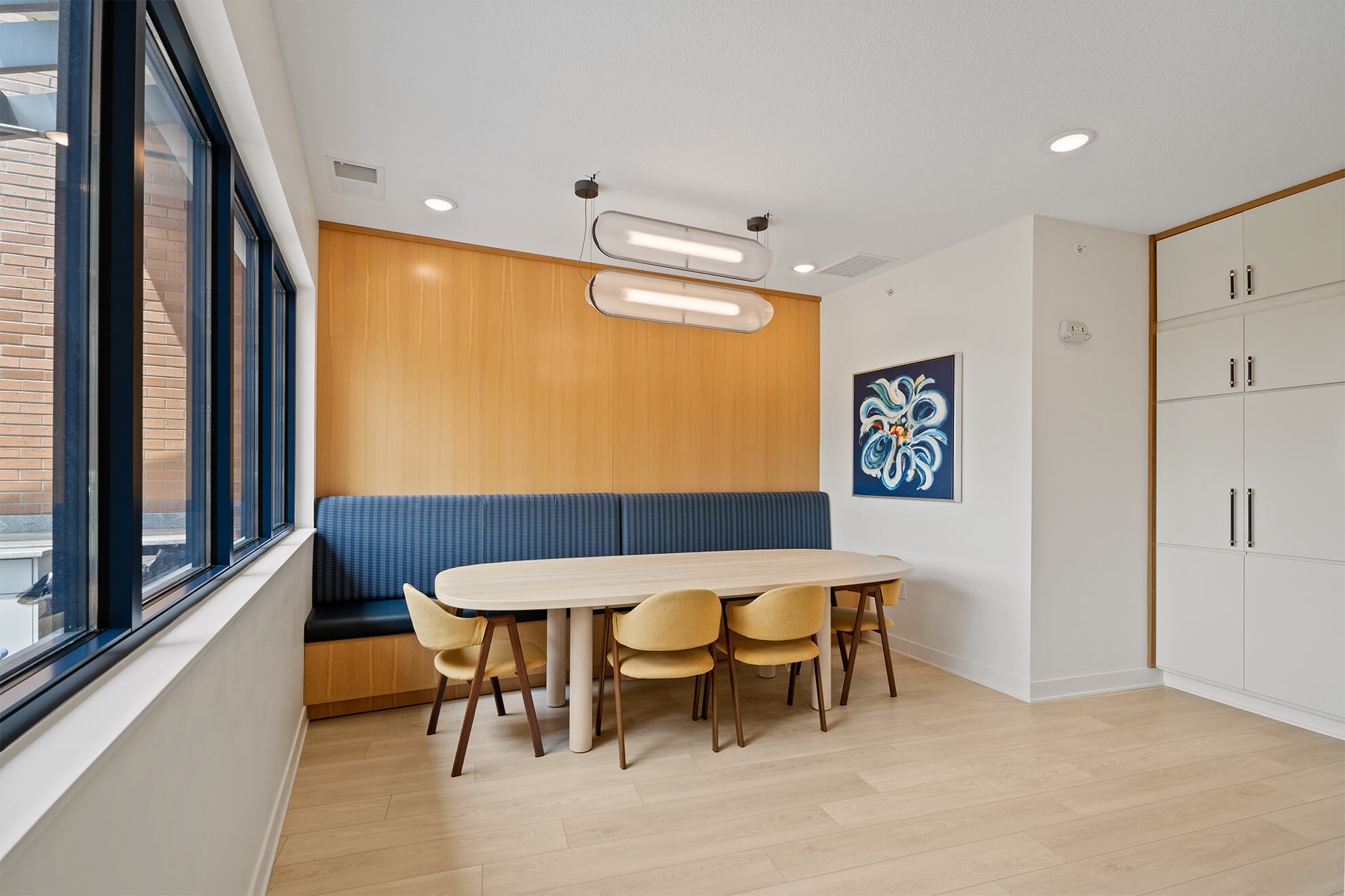 Kitchen with open layout and pendant lighting