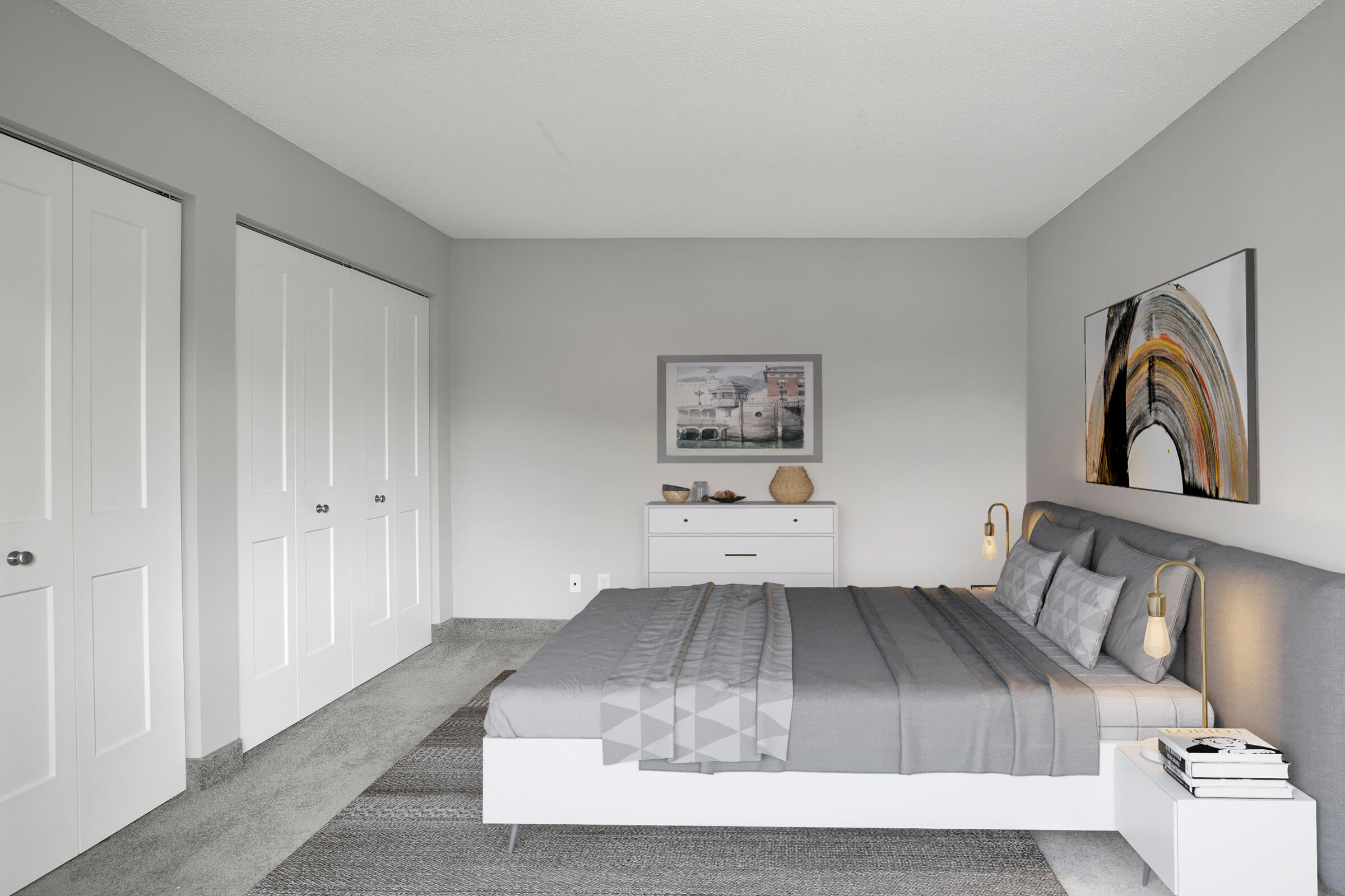 Staged bedroom with double closet and contemporary artwork