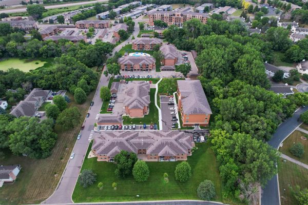 Aerial view of the entire Ballantrae Apartments complex and surrounding residential neighborhood