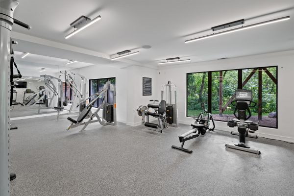 Gym with weight and cardio machines overlooking wooded outdoor scenery