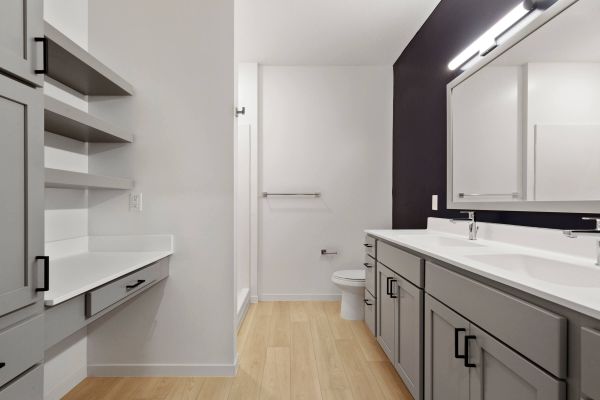 Bathroom with dual sinks and vanity area