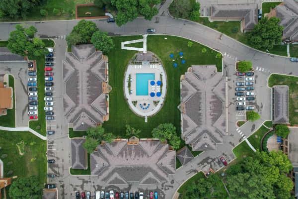 Aerial view showing layout of Ballantrae Apartments and amenities