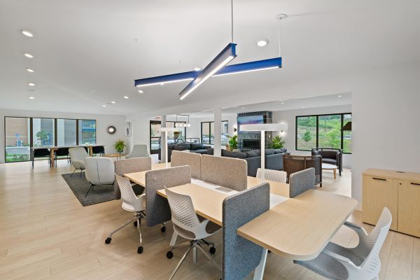 Shared workspace with light wood floors, desk dividers, rolling chairs, and pendant lights