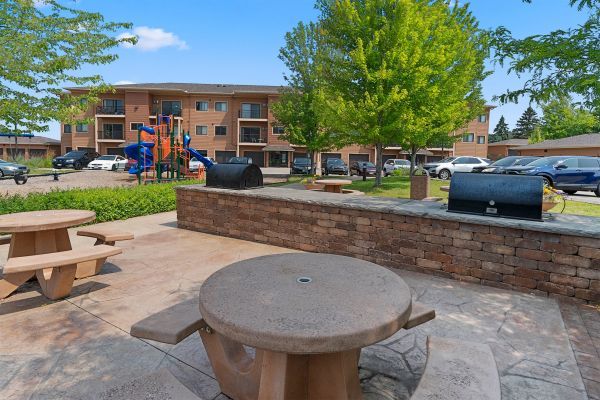 Outdoor patio area with picnic tables, built-in grill, and nearby playground